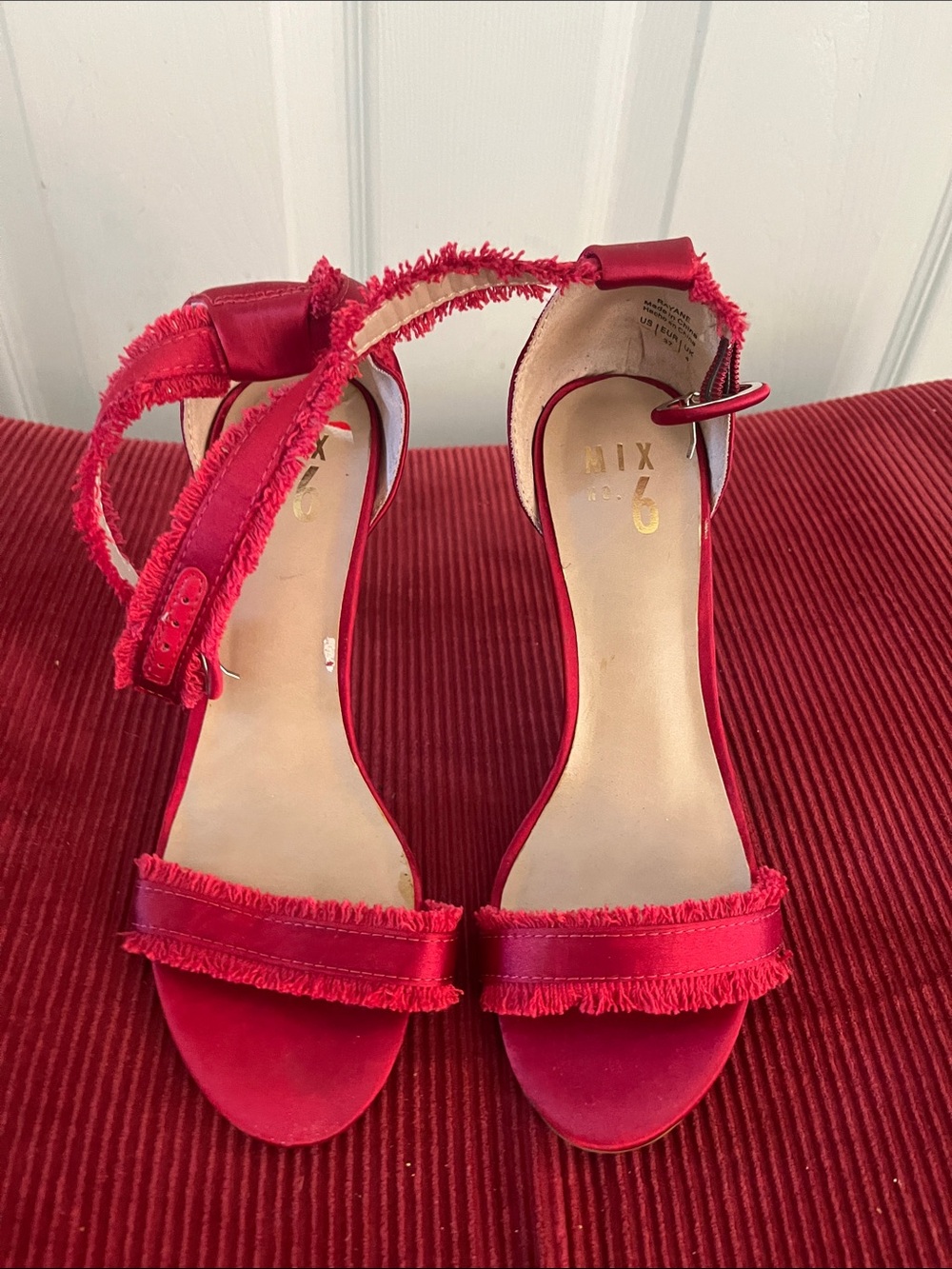 Mix No. 6 Red Fringed Ankle-Strap Satin Heels. Size 6.5